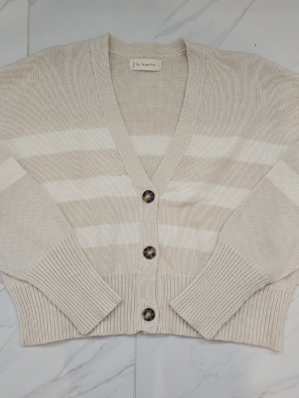 By Together Cream and White Striped V-Neck Button Cardigan